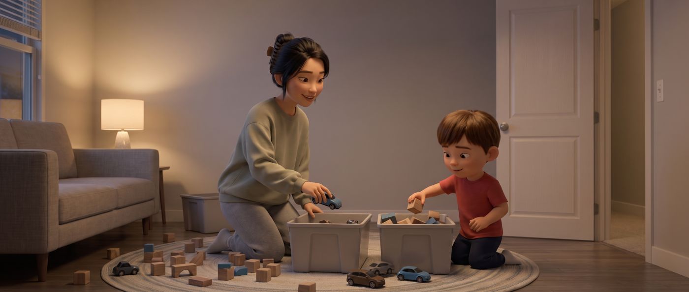 The toys are everywhere and you’re done: the same moment, the right words, in warm light