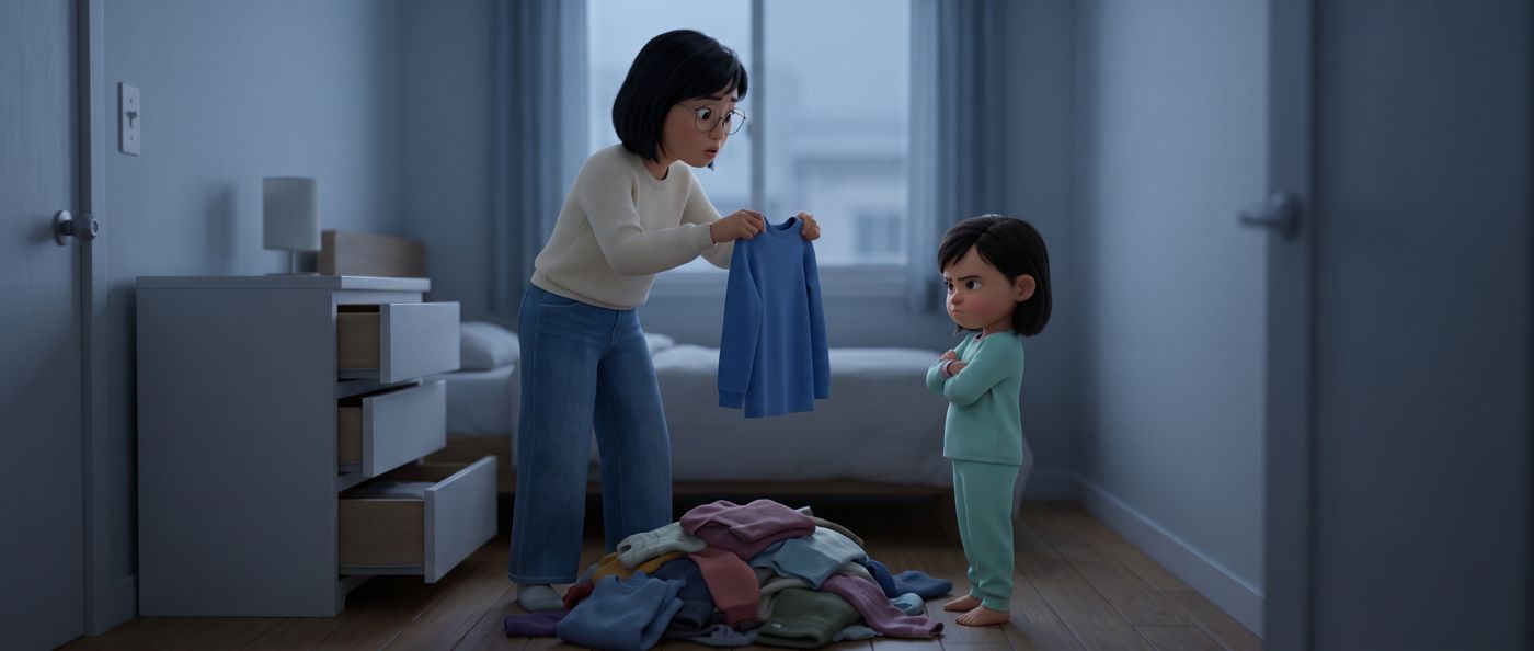 Hates every item of clothing: the moment, the wrong words, in cold light